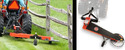 Left pic of Tractor-Mounted Fenceline Mower being pulled behind a tractor along a wooden fence row. Rt pic showing same mower against a white background.