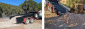Left pic of Conveyor-Floor Utility Trailer dumping gravel. Rt pic of same trailer unloaded showing conveyor floor.