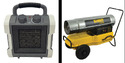 Left pic of portable electric forced-air radiant heater. Rt pic of a DeWalt liquid-fueled high-output burner.