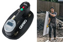 Left pic of GRABO Hand-Held Suction Lifting Tool. Rt Pic of man carrying drywall suing DeWalt Hand-Held Suction Lifting Tool.