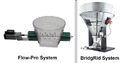 Left pic of Hopper Bin In-Boot Agitator Flow-Pro System. Rt pic of Agitator BridgRid System.