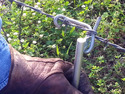 A gloved hand holding Jake's Wire-Tightener System against a strand of barbed wire.