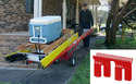 Man on sidewalk in front of house using Ladder-Mover Dolly Adapter to move 3 ladders and a cooler. Inset of Ladder-Mover Dolly Adapter against white background.