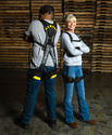 HeroWear Apex 2 Back-Assist Exosuit shown from the back on a man and from the front on a woman