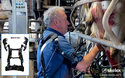 A man milking cows while wearing a Skelex 360 Shoulder Exoskeleton. In the lower left of that pic is a smaller pic of the same exoskeleton against a white background.