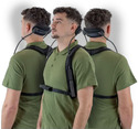 Picture of a man from 3 angles - left front - left back - and right back - wearing a Hapo Neck Exoskeleton over a green polo shirt